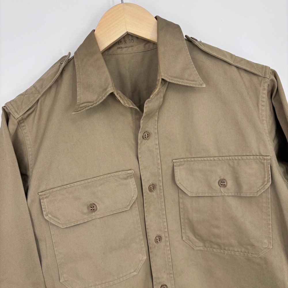 Vintage 1964 US Military Utility Shirt Mens 15x30 Khaki Cotton Twill‎ *FLAWS